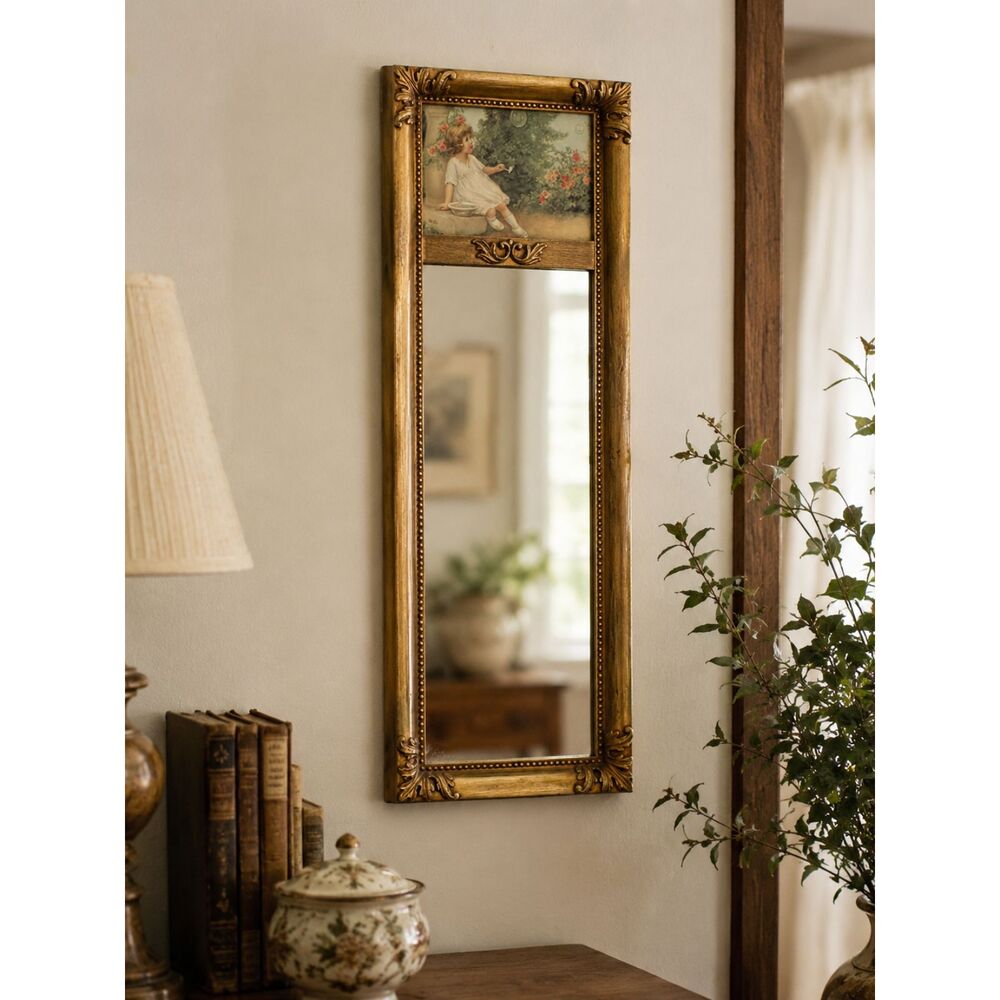 Vintage Gold Ornate Wall Mirror w/ Cottage Girl Print – Home Interiors 9x20